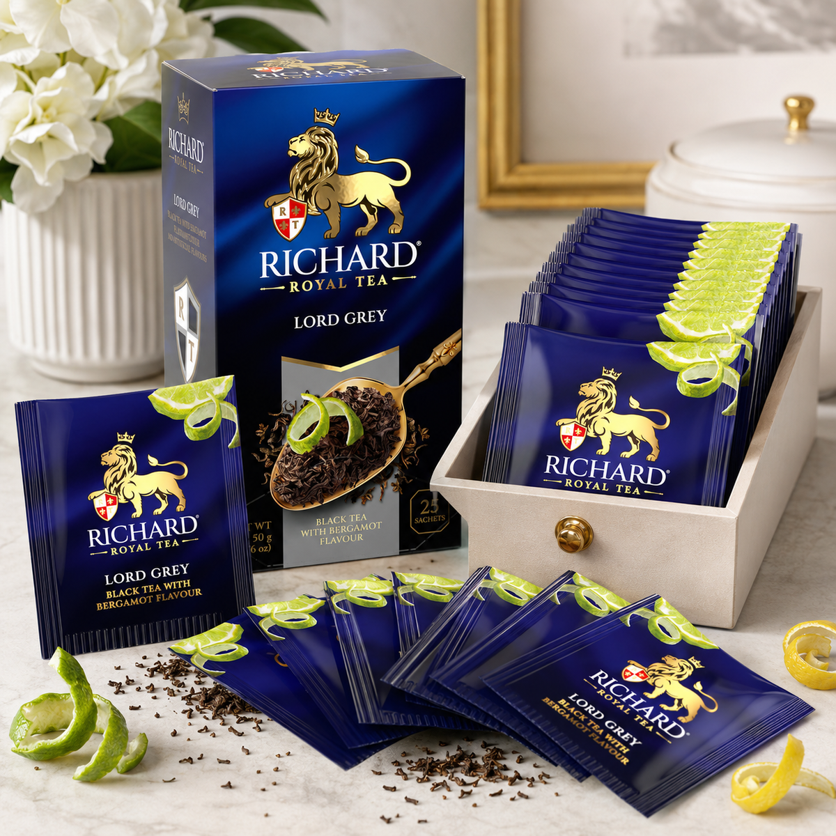 Richard Royal Lord Grey Earl Grey Black Tea Bags with Bergamot & Lemon Peel, 25-Sachet Gift Box, 50g