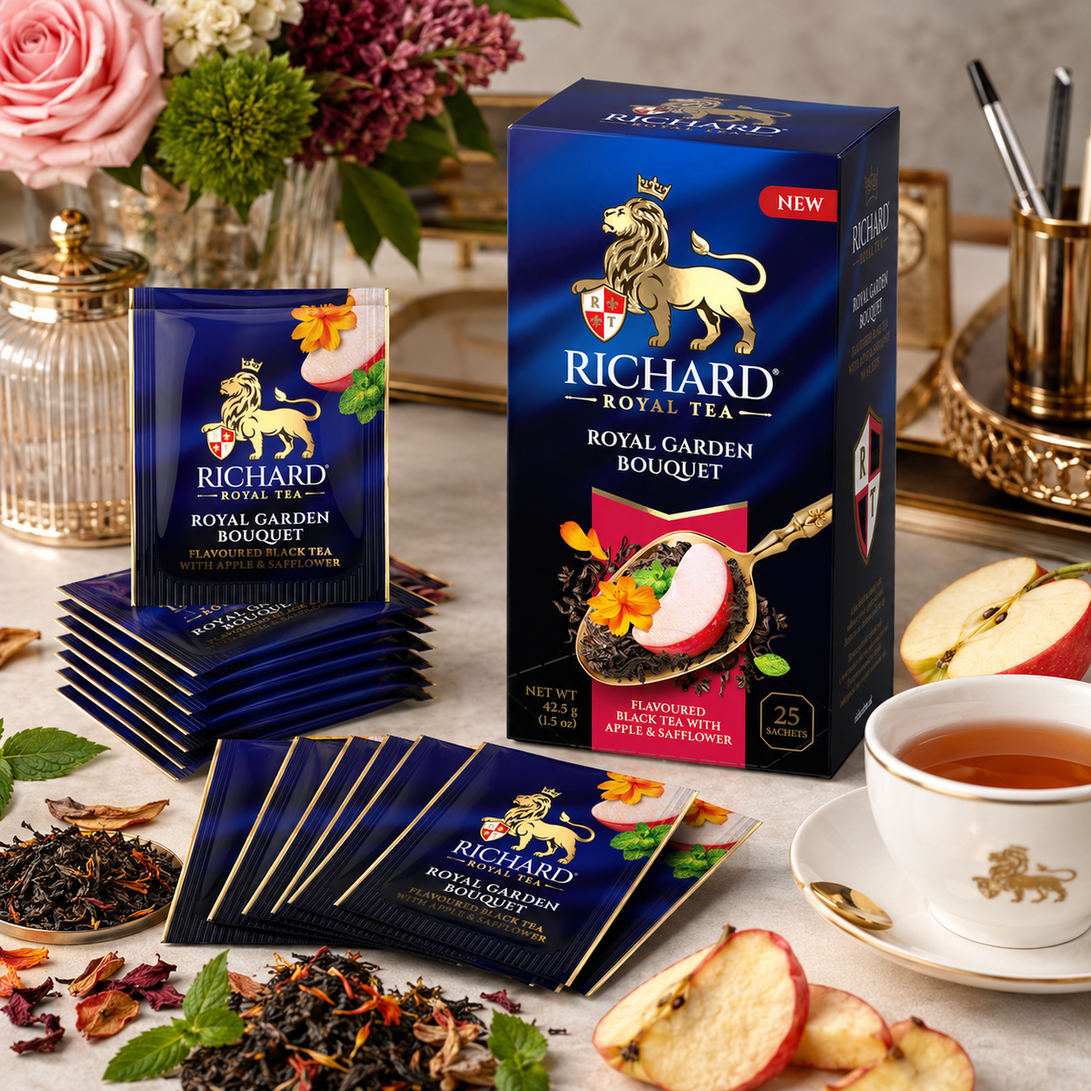 Richard Royal Garden Bouquet Black Tea Bags with Apple, Mint & Safflower, 25-Sachet Gift Box, 42.5g