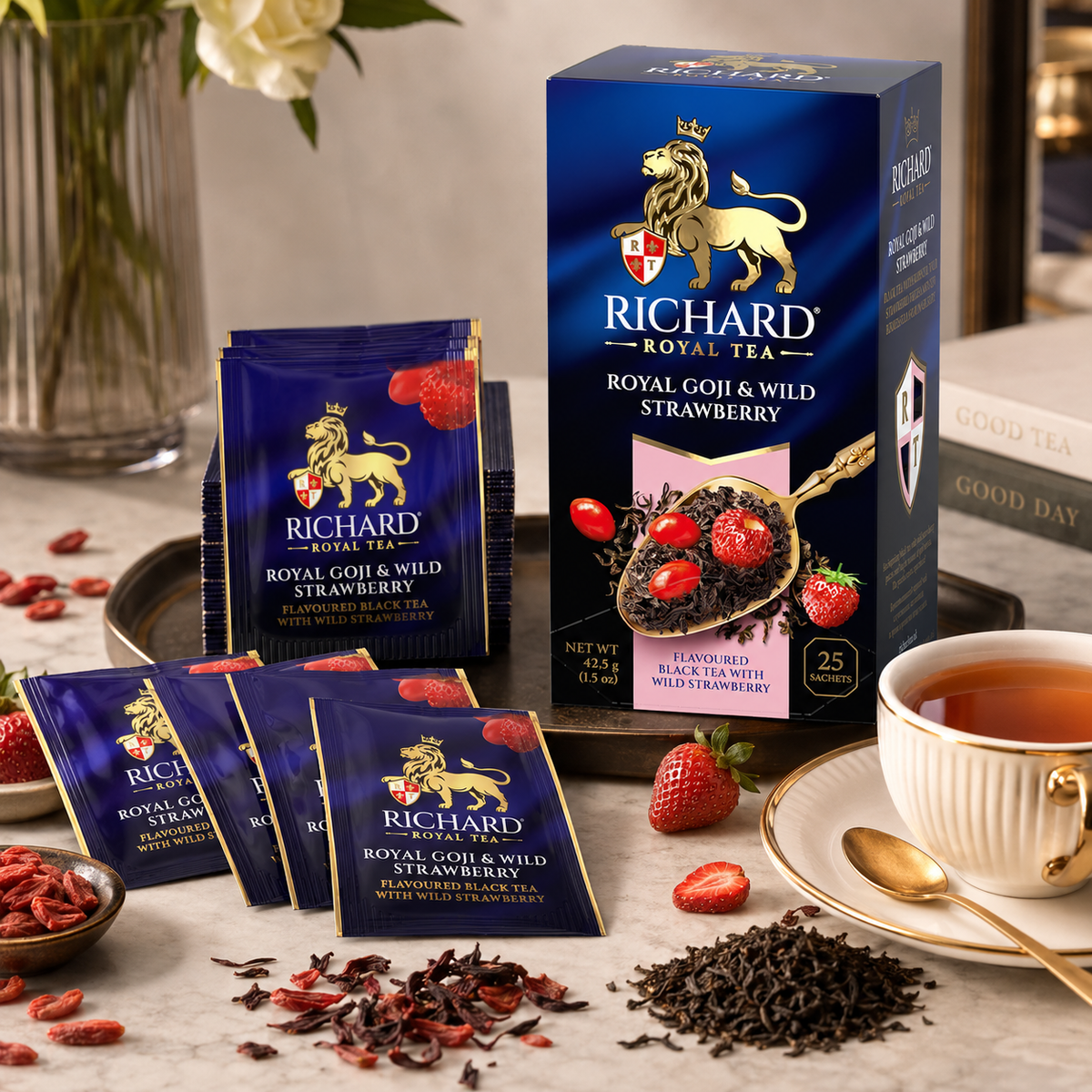 Richard Royal Goji Berries & Wild Strawberry Black Tea Bags, 25-Sachet Gift Box, 42.5g