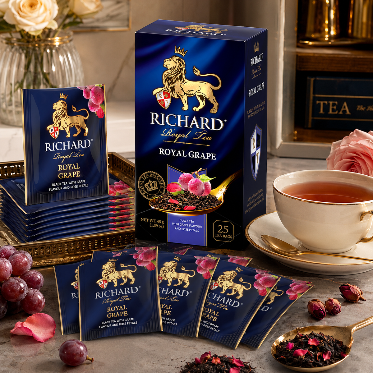 Richard Royal Grape & Rose Petals Black Tea Bags, Floral Fruit Blend, 25-Sachet Gift Box, 45g
