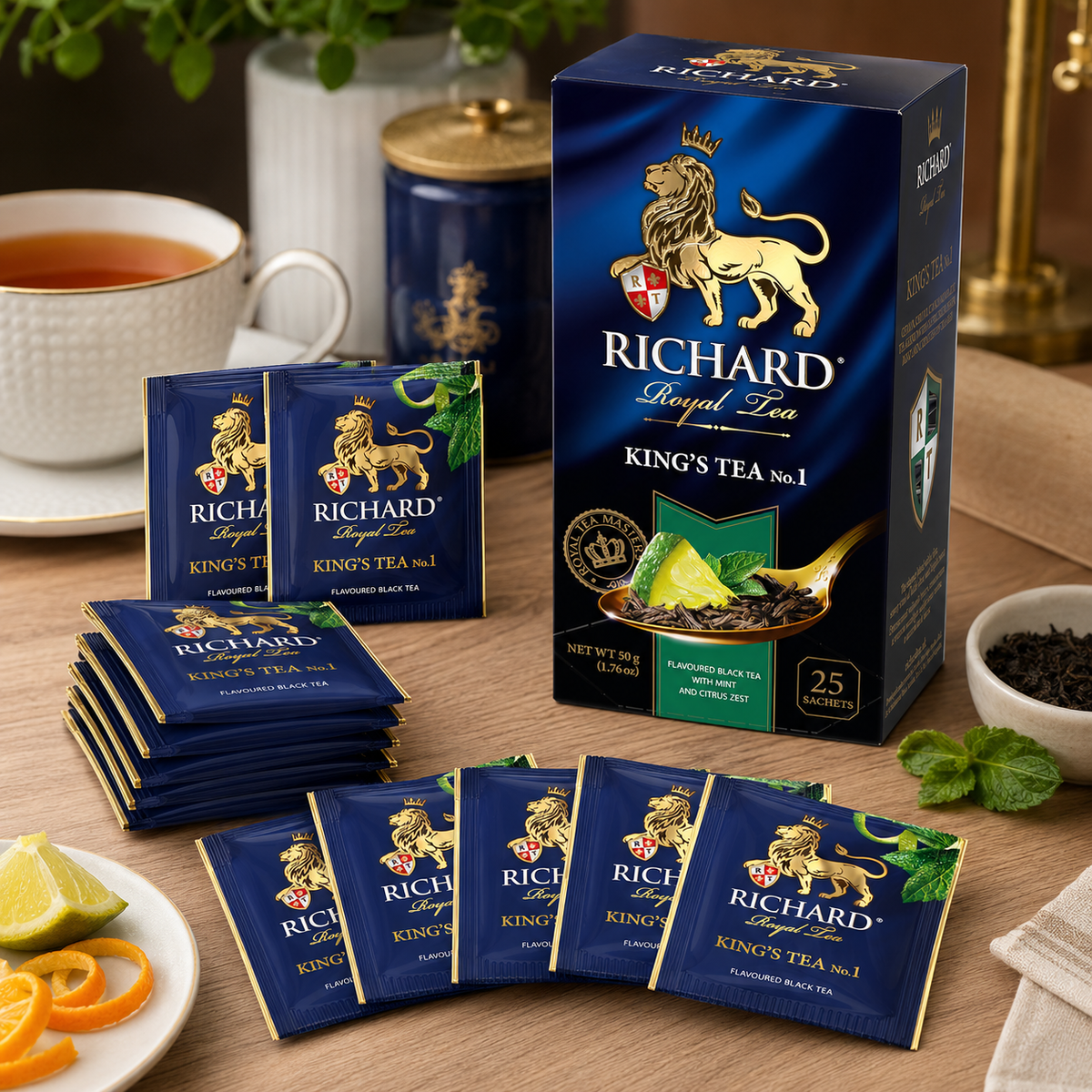 Richard Royal King's Tea No.1 Black Tea Bags with Lime & Citrus Zest, 25-Sachet Gift Box, 50g