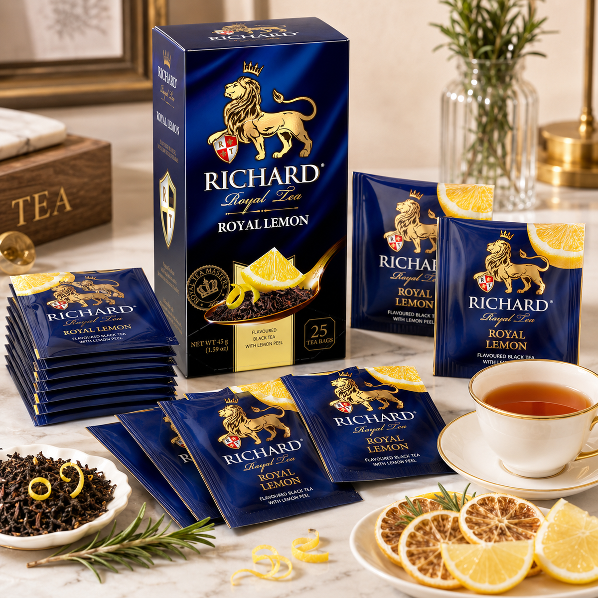 Richard Royal Lemon Black Tea Bags with Lemon Peel & Rosemary, 25-Sachet Gift Box, 45g