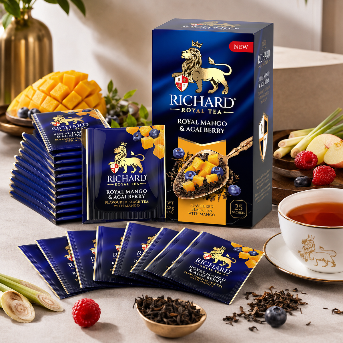 Richard Royal Mango & Acai Berry Black Tea Bags with Tropical Fruit, 25-Sachet Gift Box, 42.5g