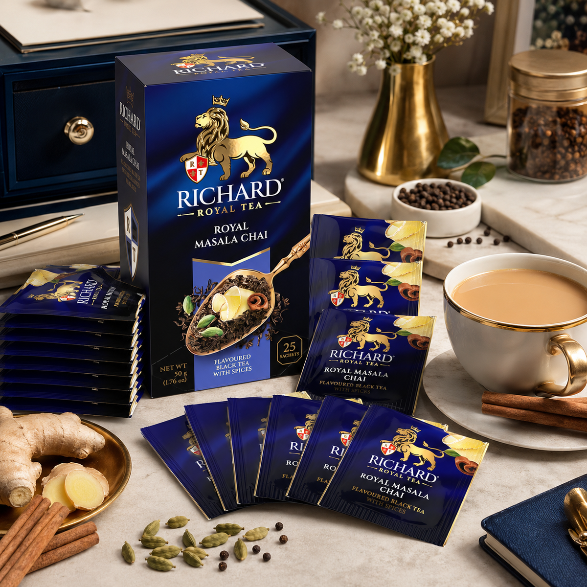 Richard Royal Masala Chai Black Tea Bags with Ginger, Cardamom, Cinnamon & Pepper, 25-Sachet Gift Box, 50g