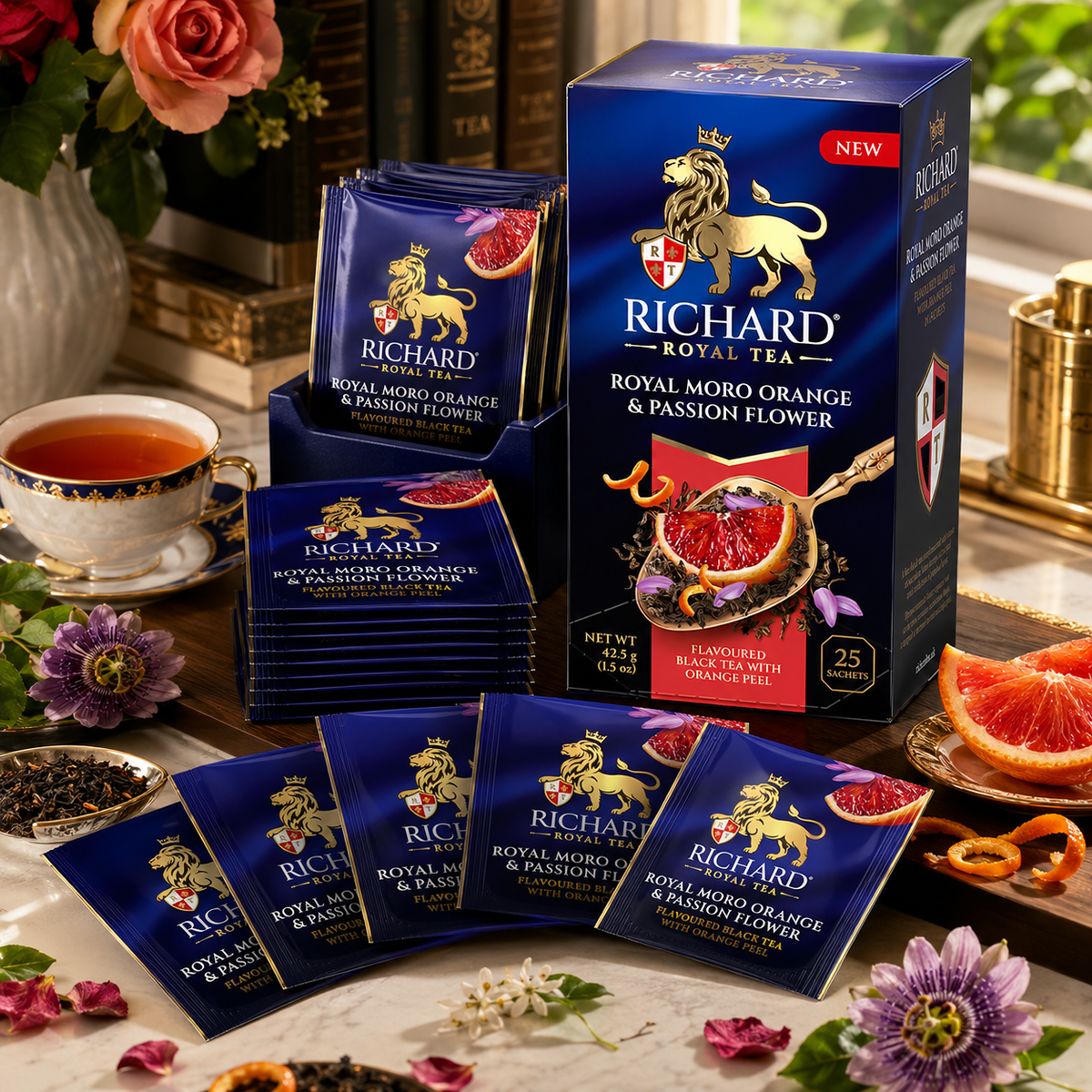 Richard Royal Moro Orange & Passion Flower Black Tea Bags with Jasmine & Rose, 25-Sachet Gift Box, 42.5g