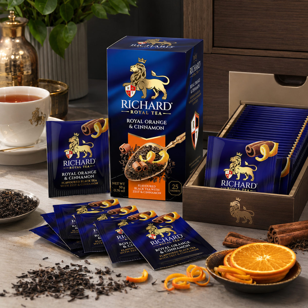 Richard Royal Orange & Cinnamon Black Tea Bags with Citrus Zest & Spice, 25-Sachet Gift Box, 50g