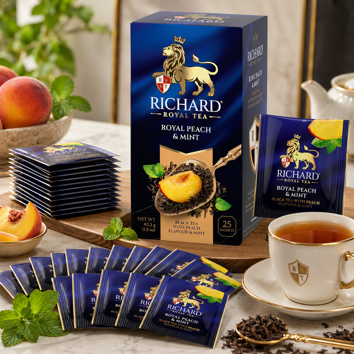 Richard Royal Peach & Mint Black Tea Bags, Fruit-Flavored Blend, 25-Sachet Gift Box, 42.5g