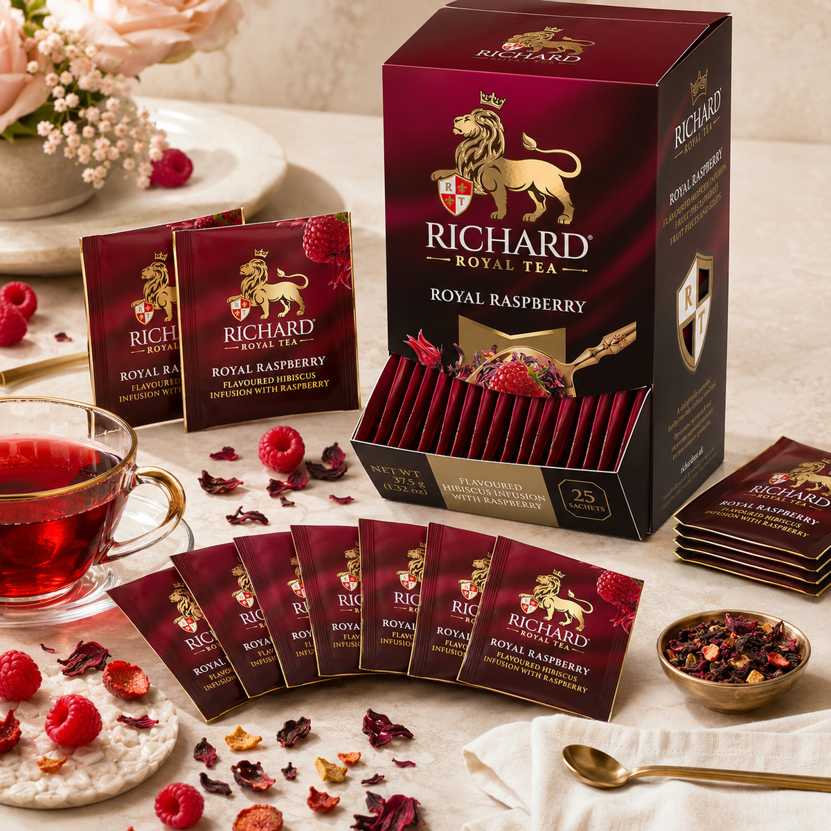 Richard Royal Raspberry Hibiscus Infusion Tea Bags with Rosehip, Apple & Raspberry, 25-Sachet Gift Box, 37.5g