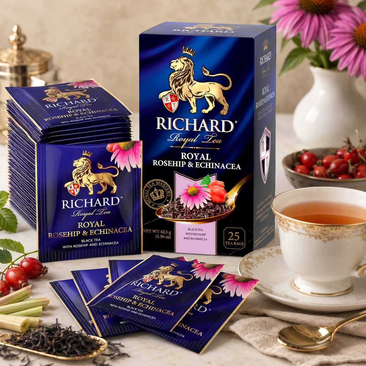 Richard Royal Rosehip & Echinacea Black Tea Bags with Lemongrass & Blackcurrant Leaf, 25-Sachet Gift Box, 42.5g
