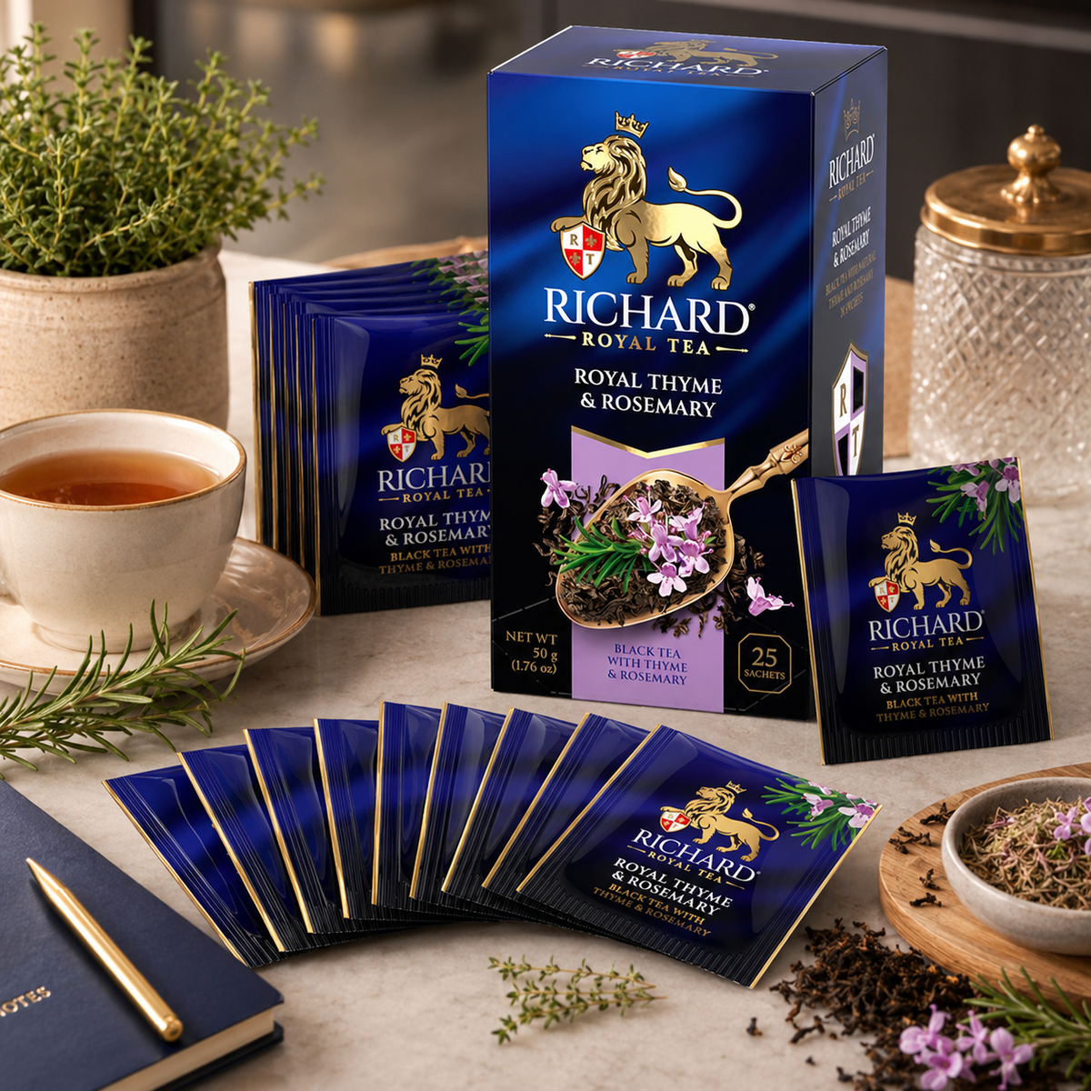 Richard Royal Thyme & Rosemary Black Tea Bags, Herbal Botanical Blend, 25-Sachet Gift Box, 50g