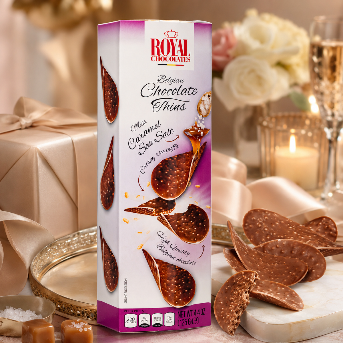 Royal Chocolates Belgian Milk Chocolate Thins with Caramel & Sea Salt, 4.4 oz (125 g)