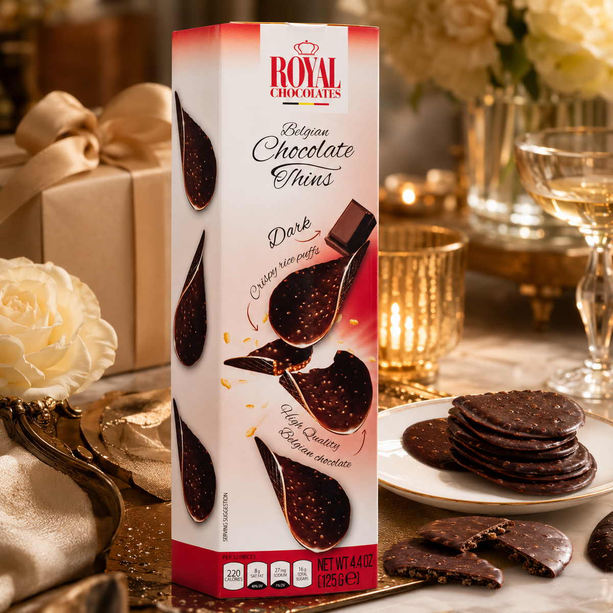Royal Chocolates Belgian Dark Chocolate Thins with Crispy Rice Puffs, 4.4 oz (125 g)