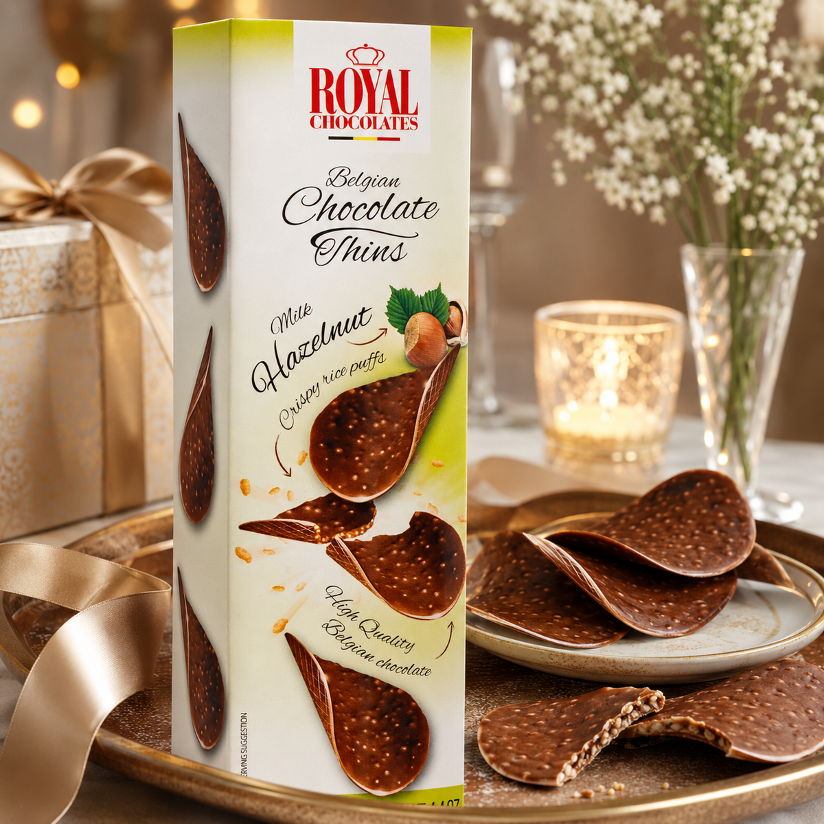 Royal Chocolates Belgian Milk Chocolate Hazelnut Thins with Crispy Rice Puffs, 4.4 oz (125 g)