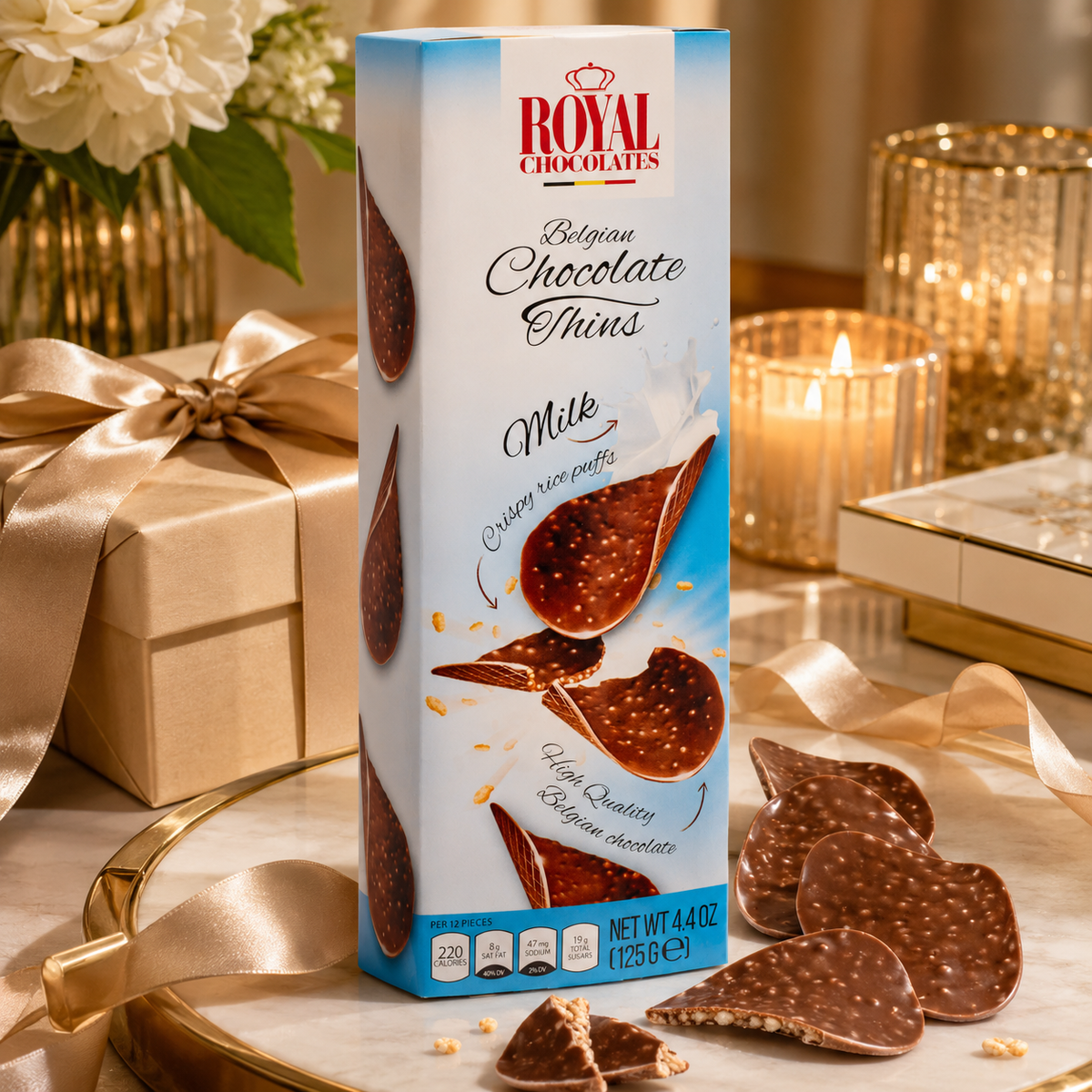 Royal Chocolates Belgian Milk Chocolate Thins with Crispy Rice Puffs, 4.4 oz (125 g)
