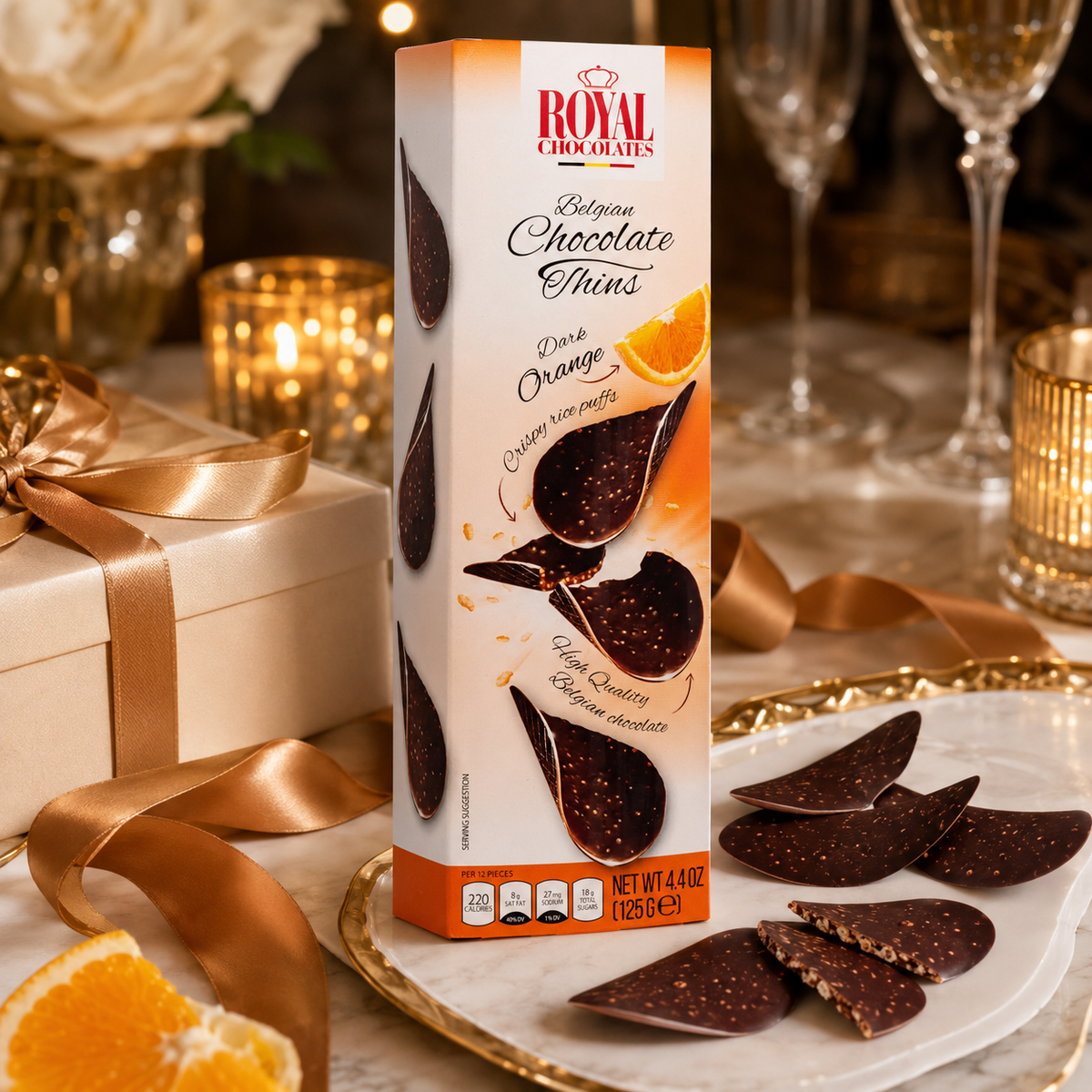 Royal Chocolates Belgian Dark Chocolate Orange Thins with Crispy Rice Puffs, 4.4 oz (125 g)