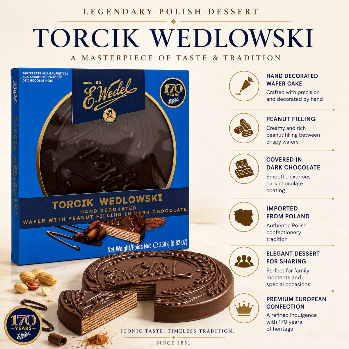 E. Wedel Torcik Wedlowski Hand-Decorated Dark Chocolate Wafer Cake, 8.82 oz (250 g)