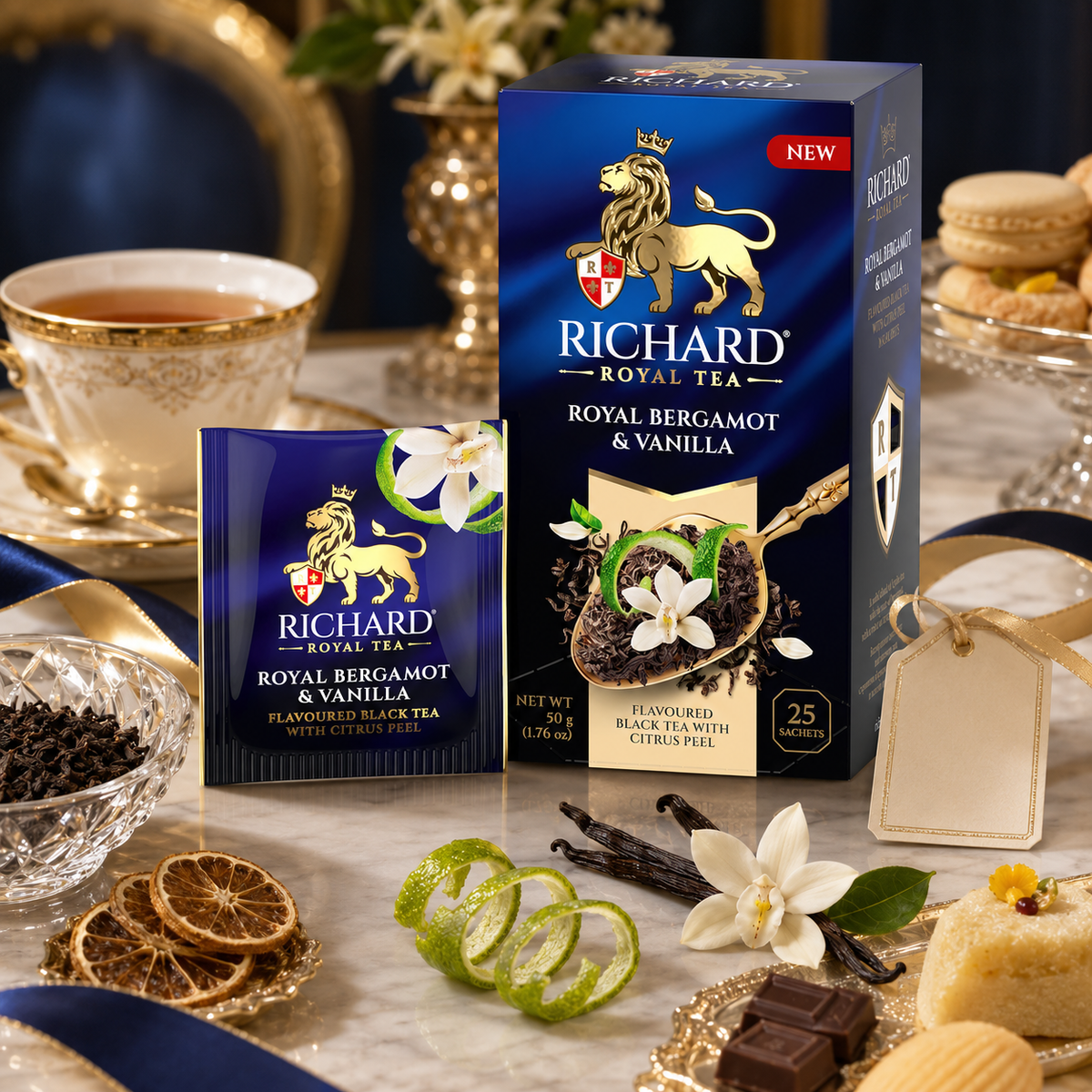 Richard Royal Bergamot & Vanilla Ceylon Black Tea Bags with Citrus Peel, 25-Sachet Gift Box, 50g
