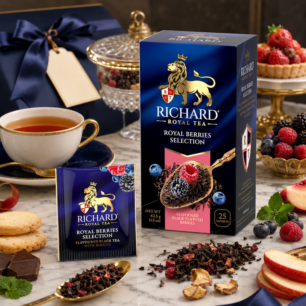 Richard Royal Berries Selection Black Tea Bags with Blueberry, Strawberry & Raspberry, 25-Sachet Gift Box, 42.5g