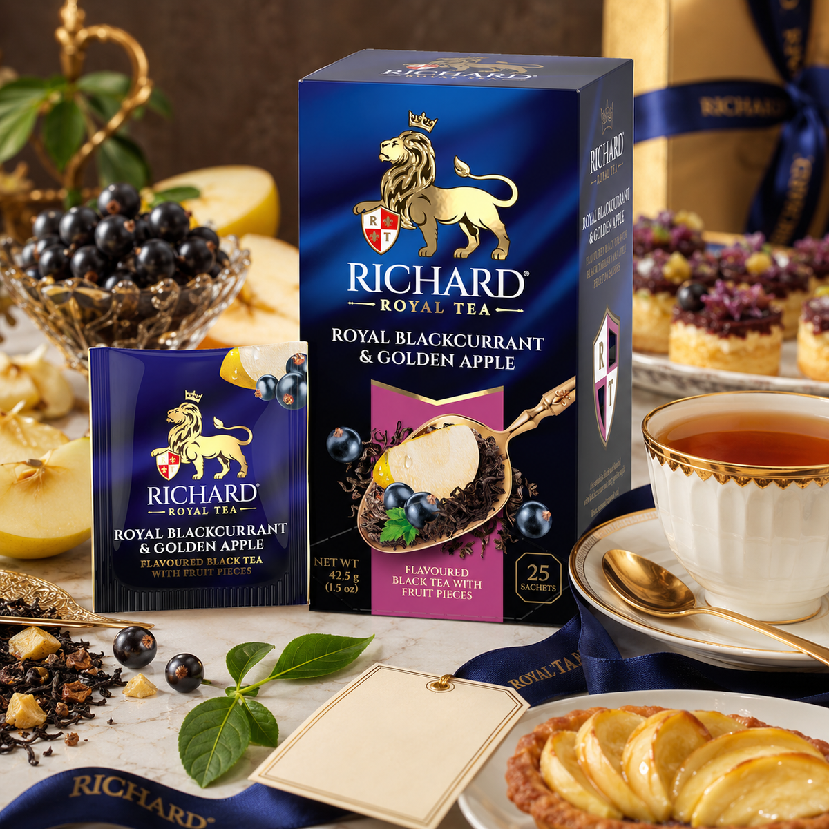 Richard Royal Blackcurrant & Golden Apple Black Tea Bags with Fruit Pieces, 25-Sachet Gift Box, 42.5g