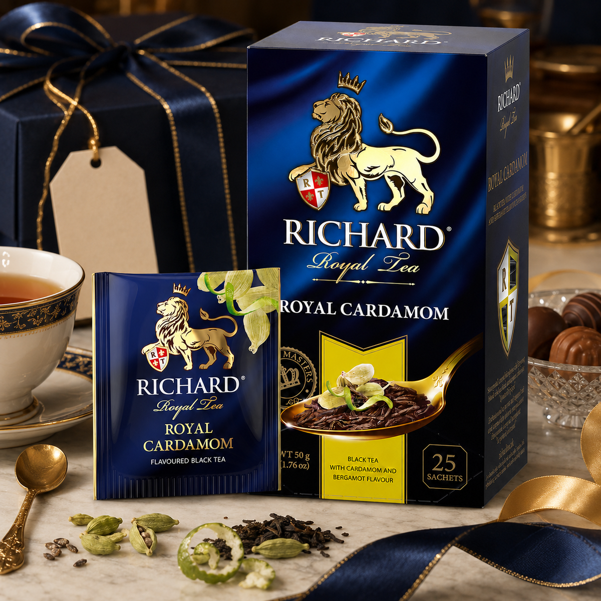 Richard Royal Cardamom & Bergamot Black Tea Bags, Aromatic Citrus Spice Blend, 25-Sachet Gift Box, 50g