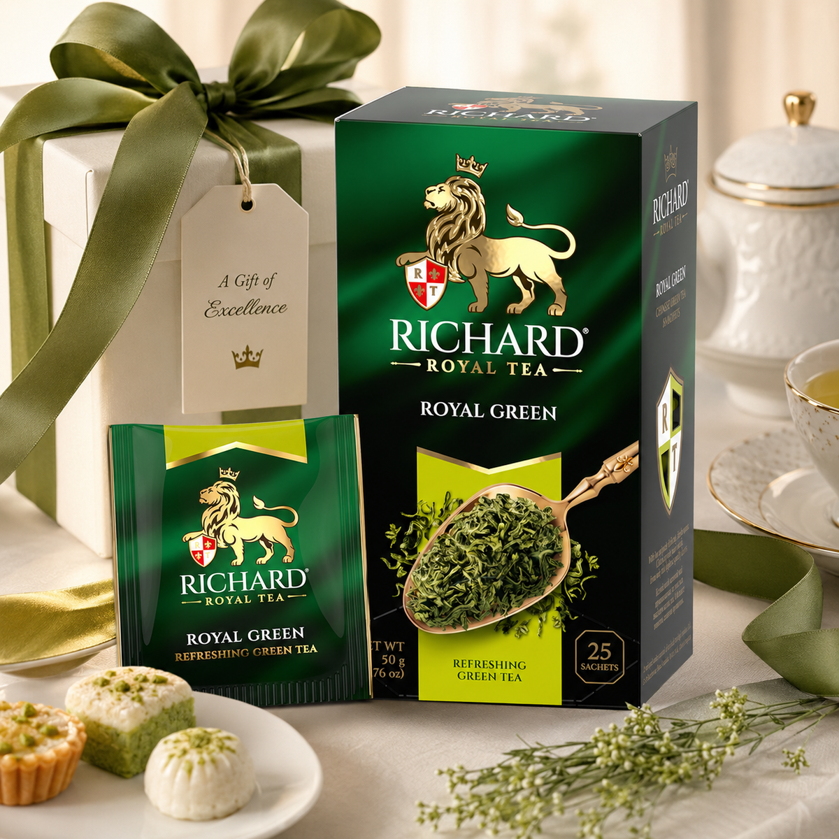 Richard Royal Chinese Refreshing Green Tea Bags, Smooth & Light, 25-Sachet Gift Box, 50g
