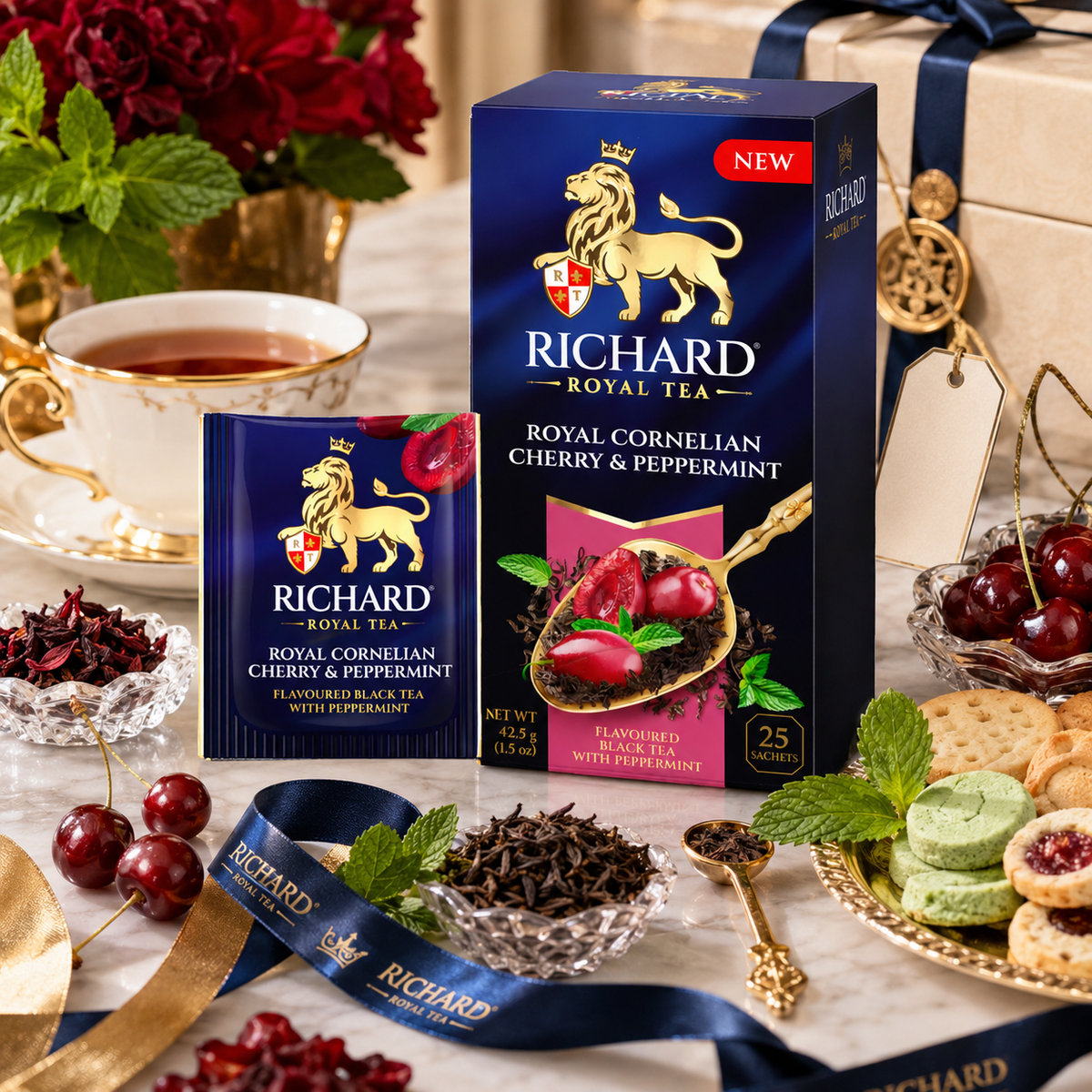 Richard Royal Cornelian Cherry & Peppermint Black Tea Bags with Herbal Botanicals, 25-Sachet Gift Box, 42.5g