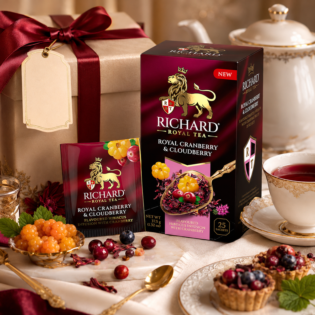 Richard Royal Cranberry & Cloudberry Hibiscus Infusion Tea Bags with Apple & Berries, 25-Sachet Gift Box, 37.5g