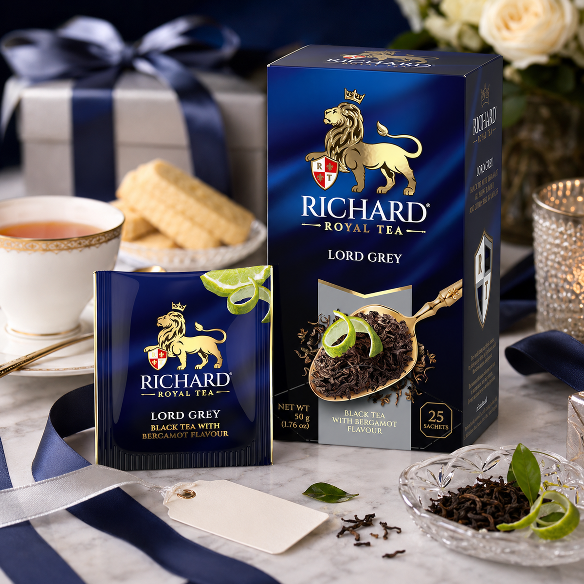 Richard Royal Lord Grey Earl Grey Black Tea Bags with Bergamot & Lemon Peel, 25-Sachet Gift Box, 50g