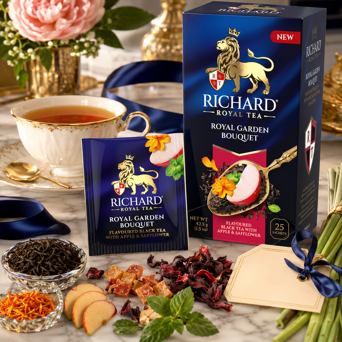 Richard Royal Garden Bouquet Black Tea Bags with Apple, Mint & Safflower, 25-Sachet Gift Box, 42.5g