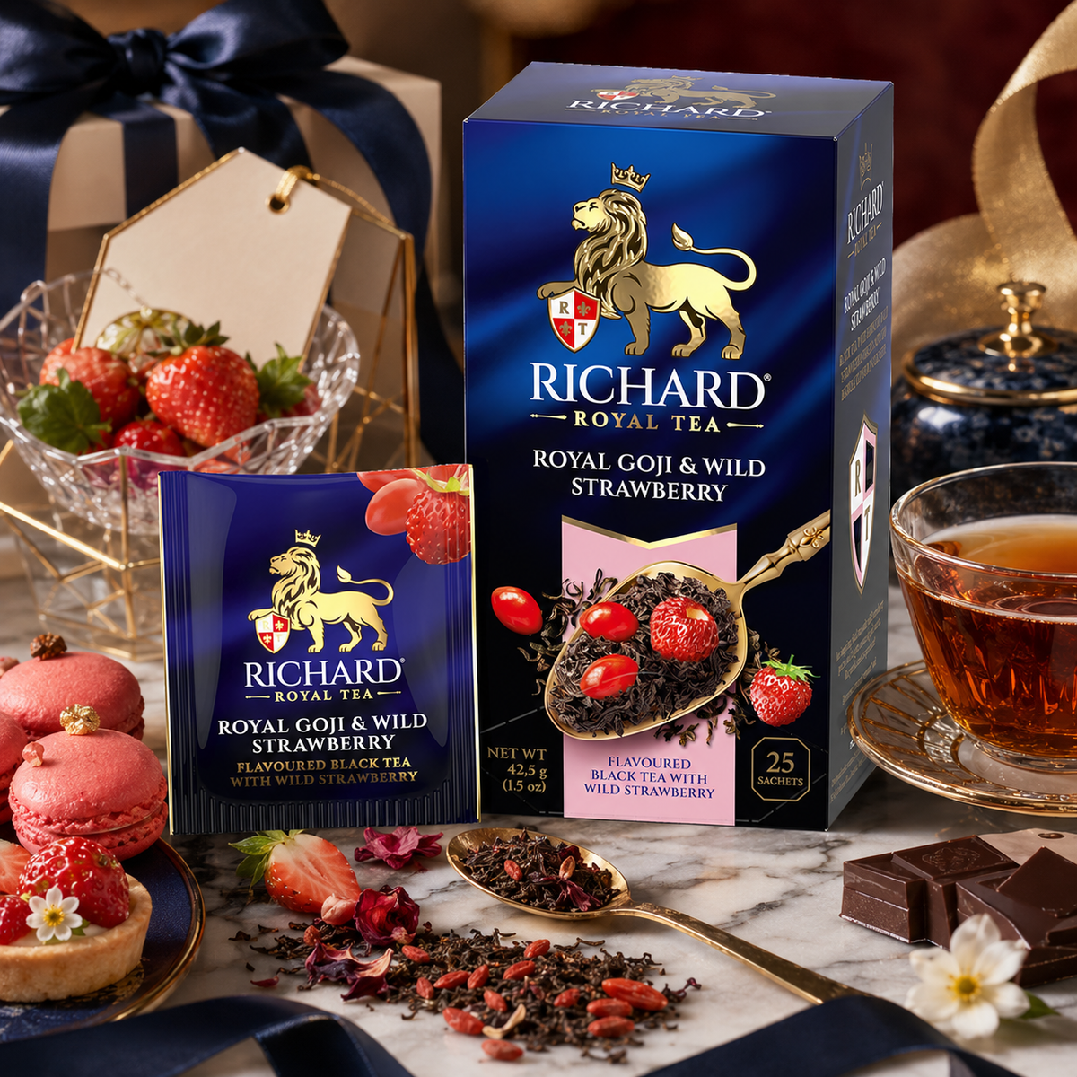 Richard Royal Goji Berries & Wild Strawberry Black Tea Bags, 25-Sachet Gift Box, 42.5g