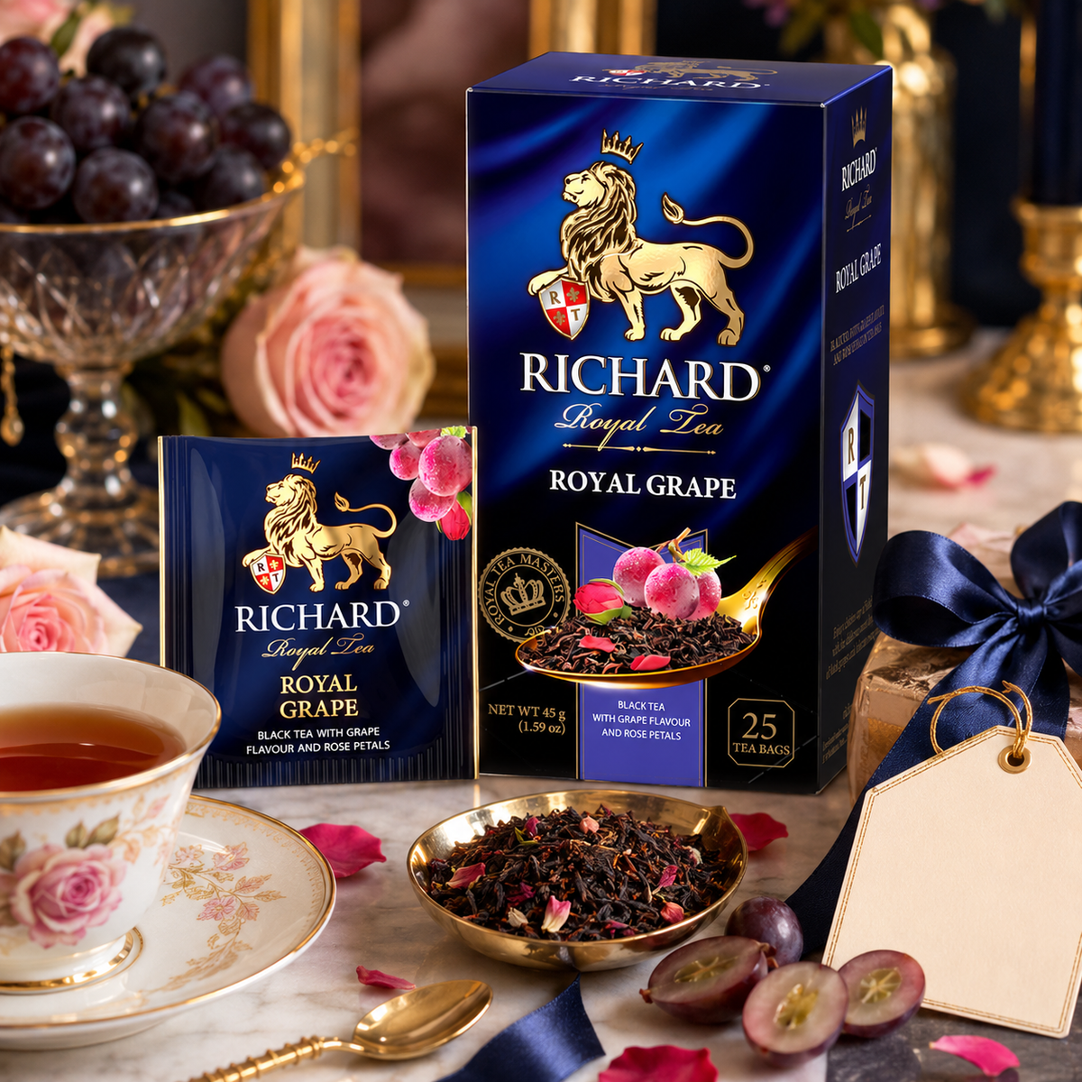 Richard Royal Grape & Rose Petals Black Tea Bags, Floral Fruit Blend, 25-Sachet Gift Box, 45g