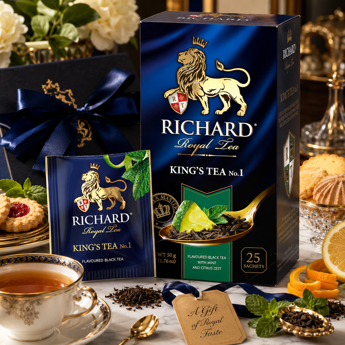 Richard Royal King's Tea No.1 Black Tea Bags with Lime & Citrus Zest, 25-Sachet Gift Box, 50g
