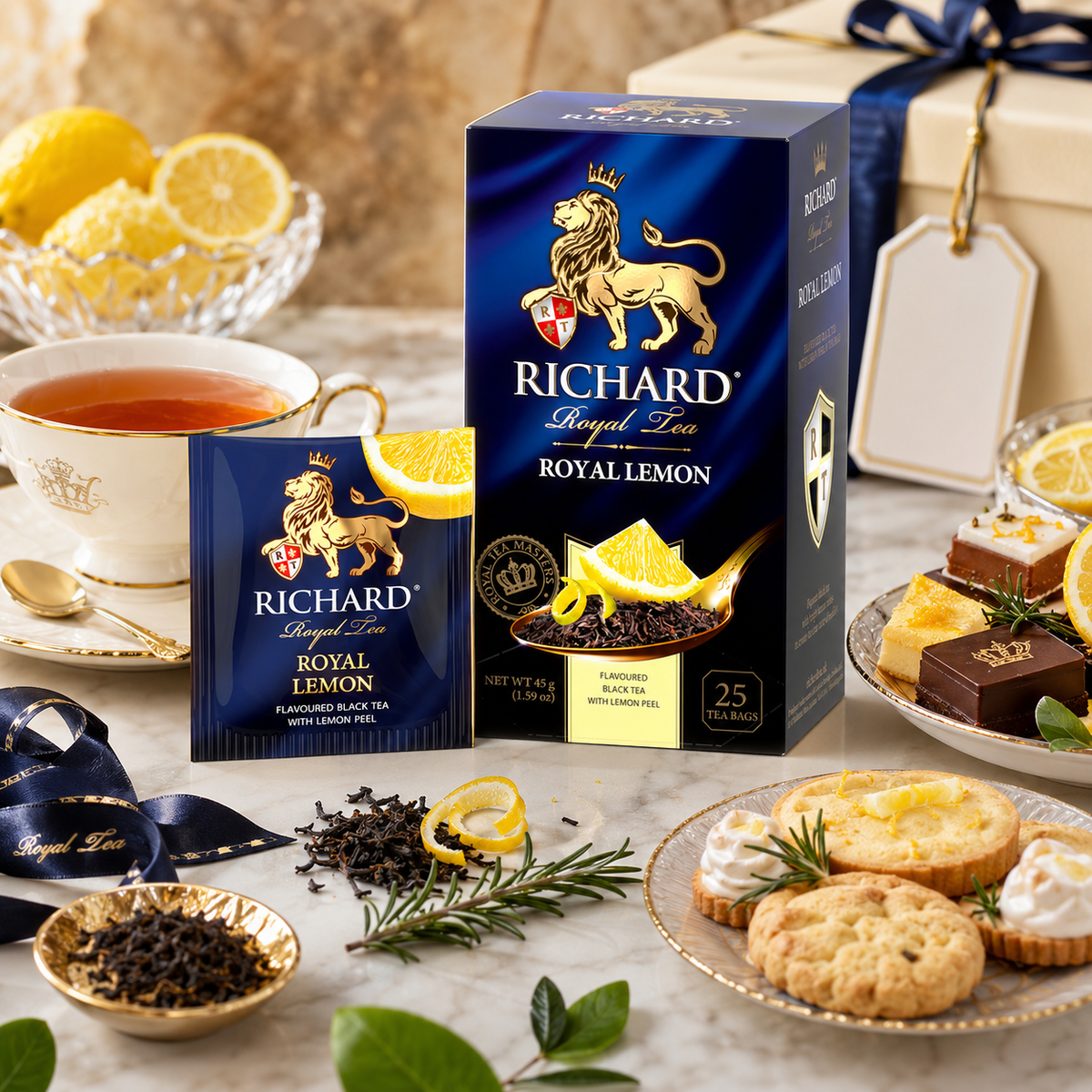 Richard Royal Lemon Black Tea Bags with Lemon Peel & Rosemary, 25-Sachet Gift Box, 45g