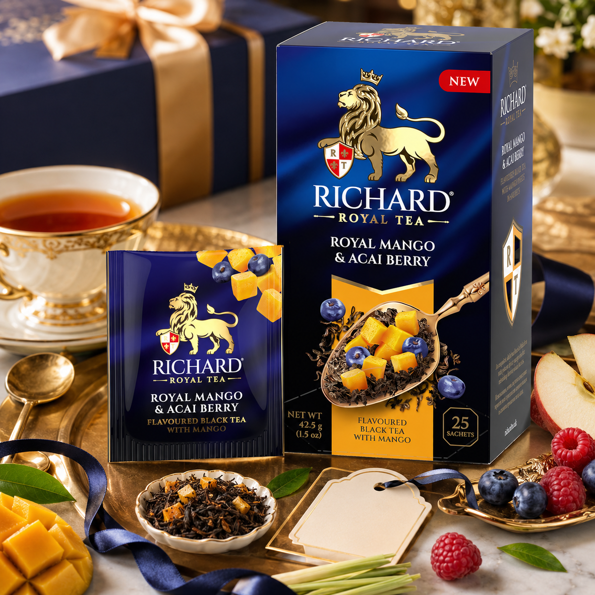 Richard Royal Mango & Acai Berry Black Tea Bags with Tropical Fruit, 25-Sachet Gift Box, 42.5g