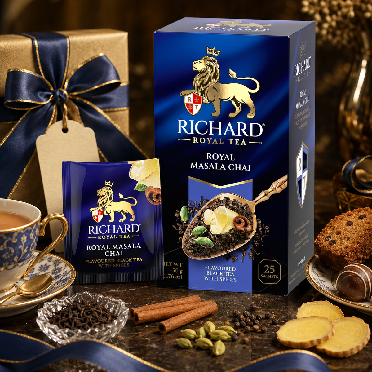 Richard Royal Masala Chai Black Tea Bags with Ginger, Cardamom, Cinnamon & Pepper, 25-Sachet Gift Box, 50g