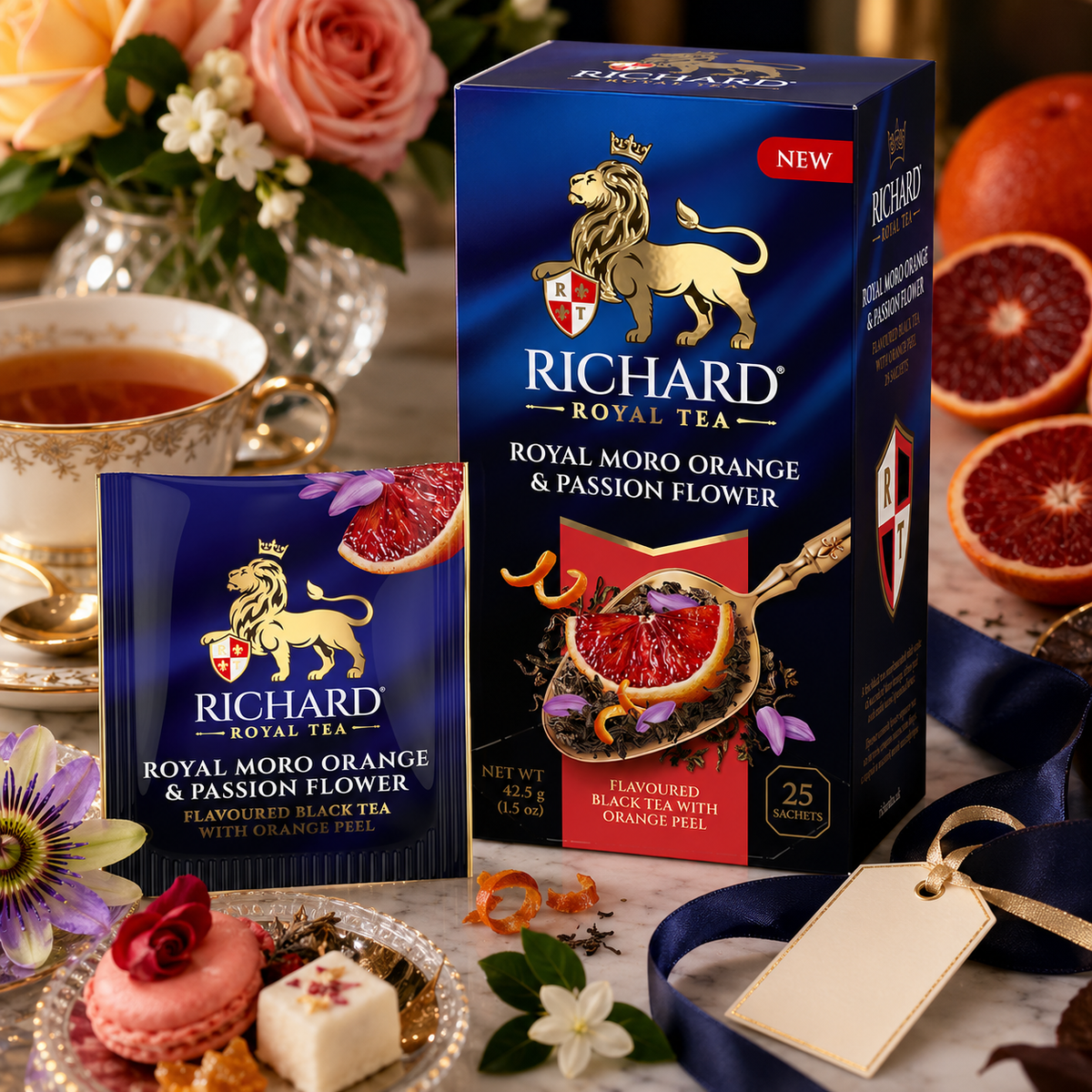 Richard Royal Moro Orange & Passion Flower Black Tea Bags with Jasmine & Rose, 25-Sachet Gift Box, 42.5g