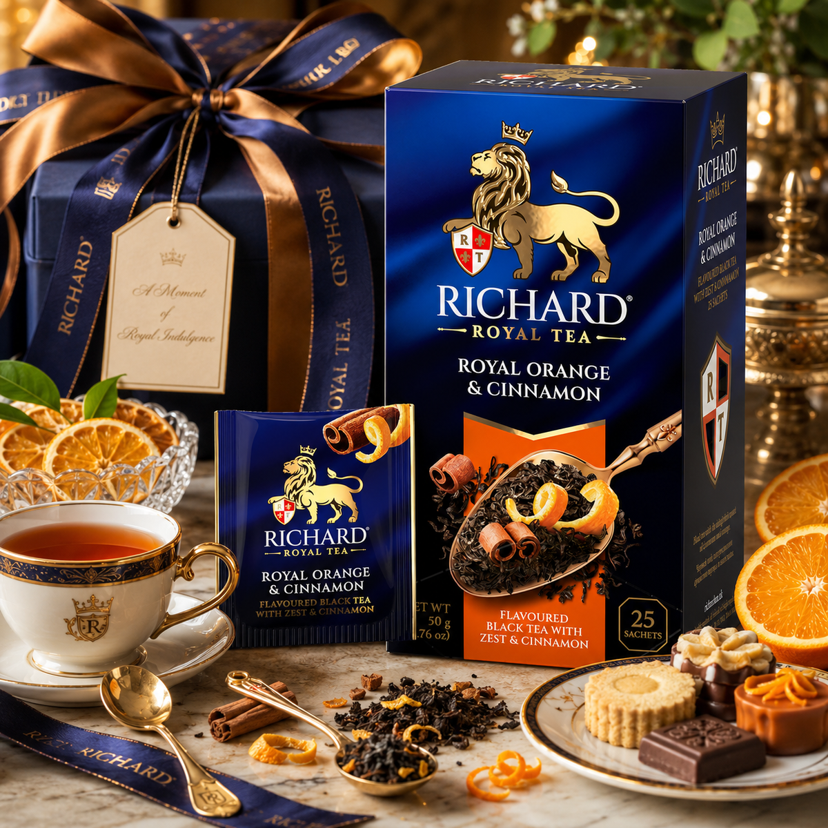 Richard Royal Orange & Cinnamon Black Tea Bags with Citrus Zest & Spice, 25-Sachet Gift Box, 50g