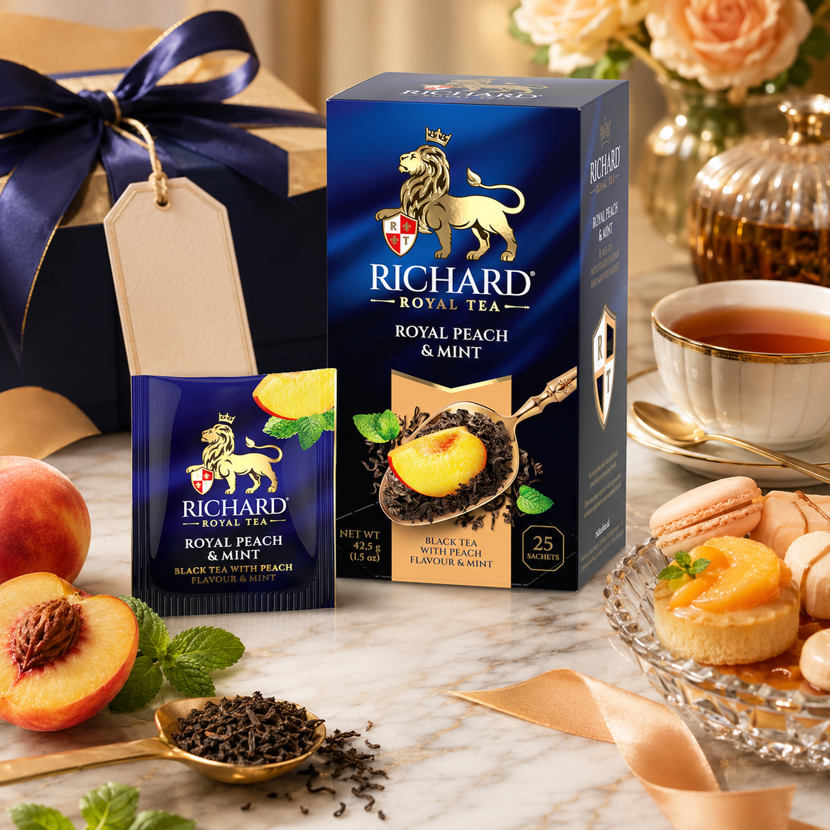 Richard Royal Peach & Mint Black Tea Bags, Fruit-Flavored Blend, 25-Sachet Gift Box, 42.5g
