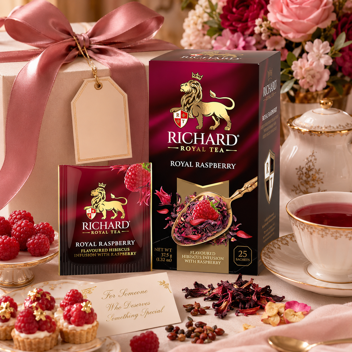 Richard Royal Raspberry Hibiscus Infusion Tea Bags with Rosehip, Apple & Raspberry, 25-Sachet Gift Box, 37.5g