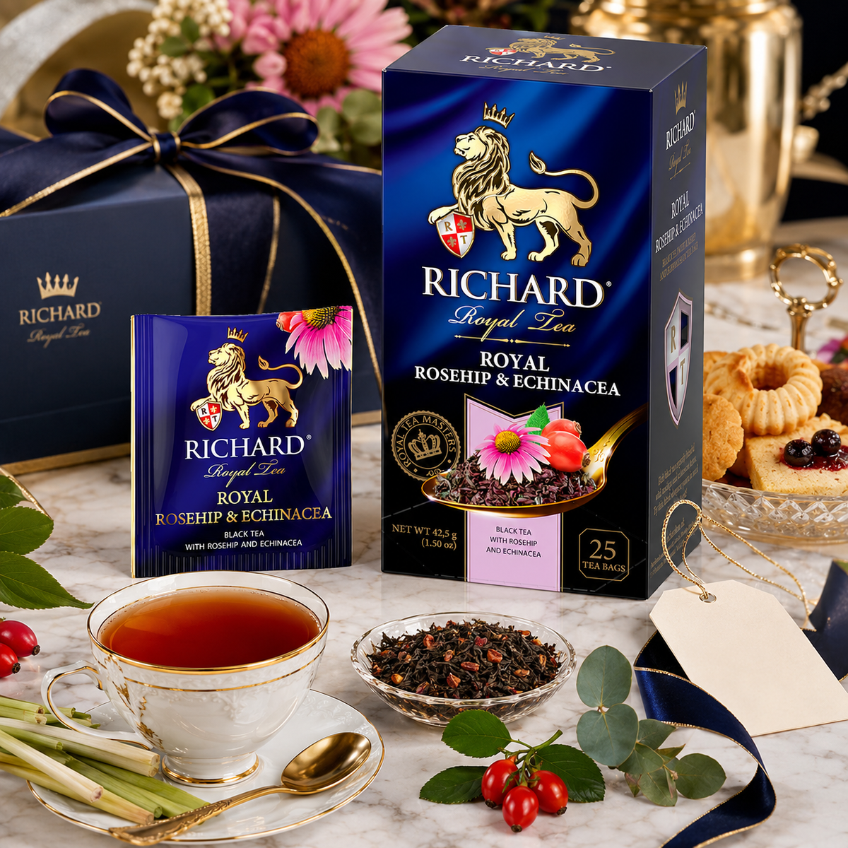 Richard Royal Rosehip & Echinacea Black Tea Bags with Lemongrass & Blackcurrant Leaf, 25-Sachet Gift Box, 42.5g