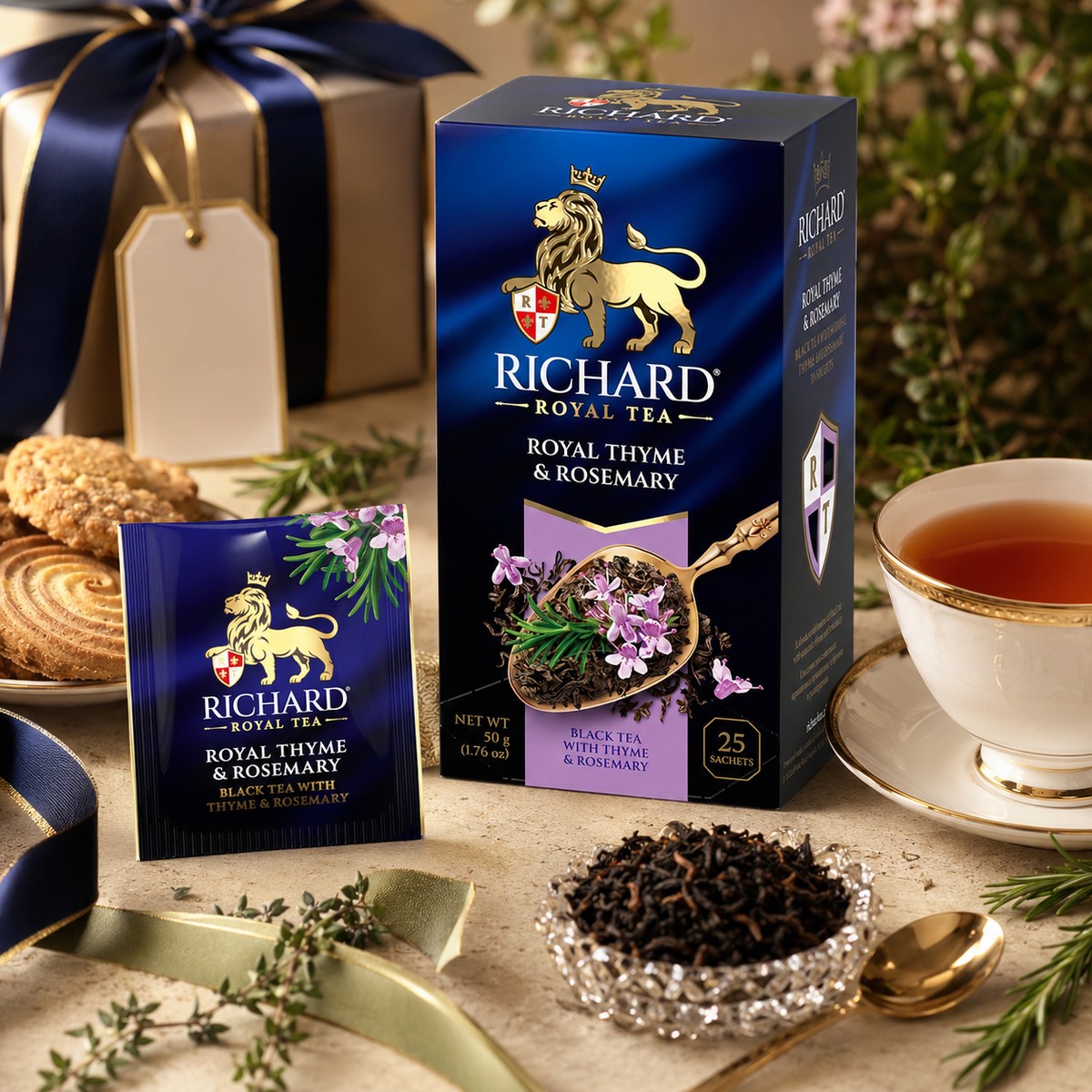 Richard Royal Thyme & Rosemary Black Tea Bags, Herbal Botanical Blend, 25-Sachet Gift Box, 50g