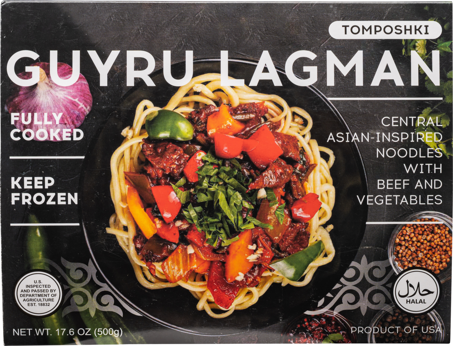 Tomposhki, Fully Cooked Halal Guyru Lagman - Central-Asian Inspired Noodles with Beef & Vegetables, 17.6oz/500g (Pack of 4)