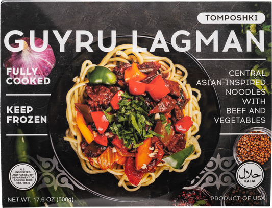 Tomposhki, Fully Cooked Halal Guyru Lagman - Central-Asian Inspired Noodles with Beef & Vegetables, 17.6oz/500g (Pack of 4)