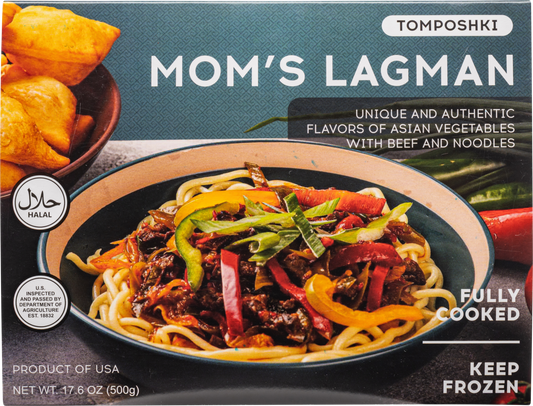 Tomposhki, Fully Cooked Halal Mom's Lagman - Unique & Authentic Flavors of Asian Vegetables with Beef & Noodles, 17.6oz/500g (Pack of 4)