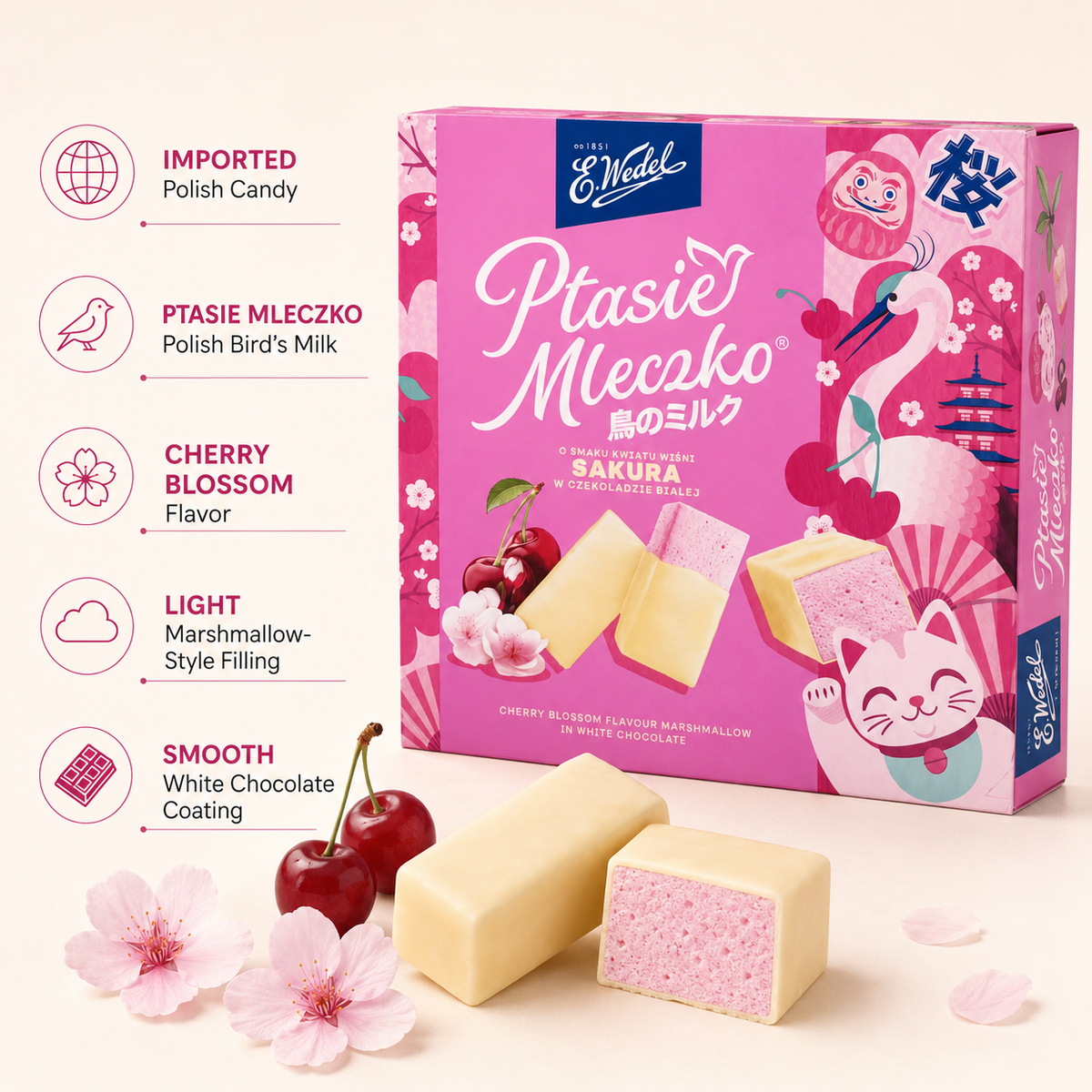 E. Wedel Limited Edition Ptasie Mleczko Polish Bird's Milk – Sakura Cherry Blossom in White Chocolate, 340g