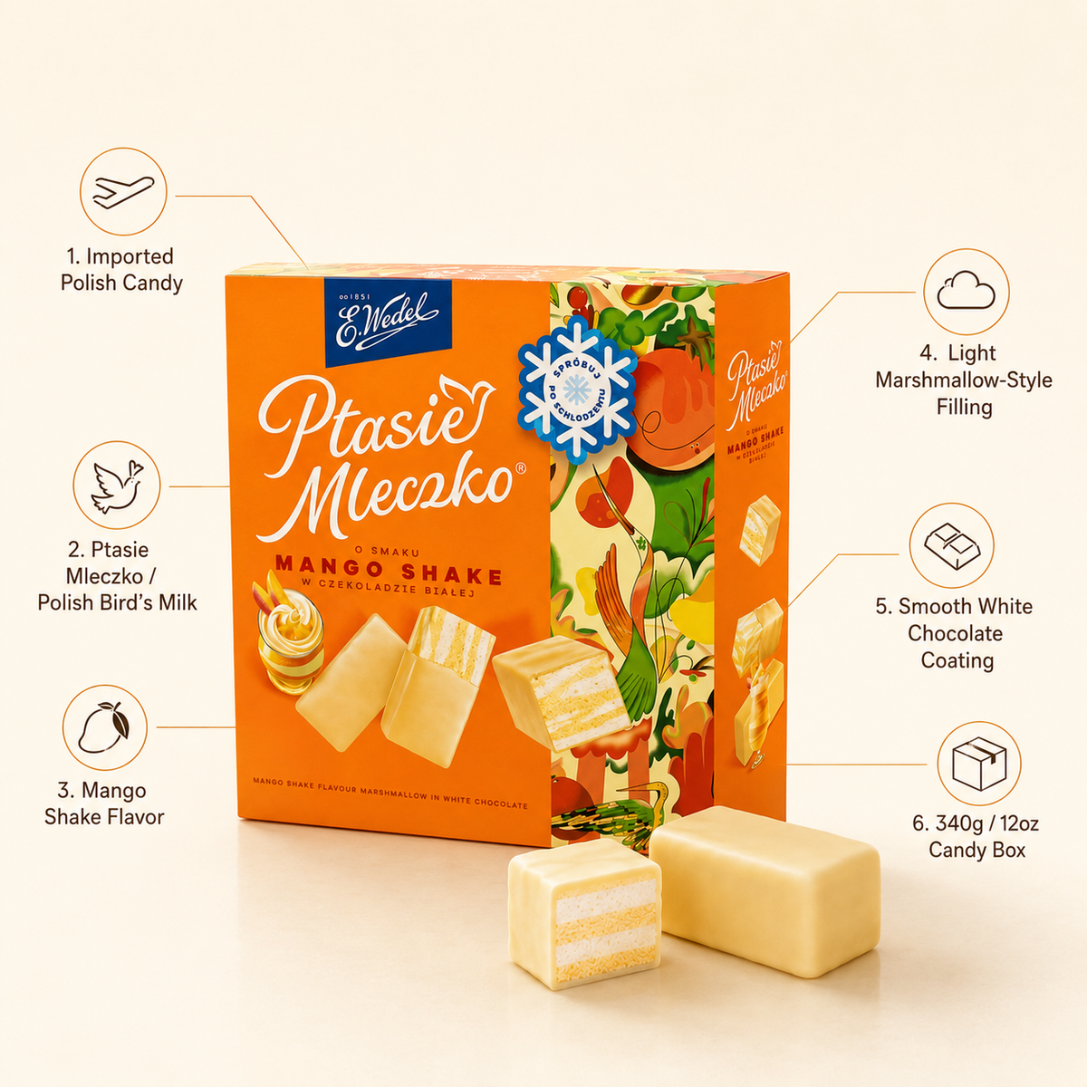E. Wedel Limited Edition Ptasie Mleczko Polish Bird's Milk – Mango Shake in White Chocolate, 340g