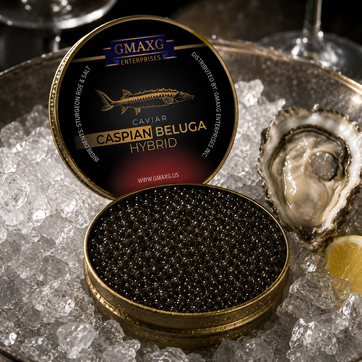 Caspian Beluga Hybrid caviar served on ice with fresh oysters and lemon, highlighting a luxury black caviar pairing experience.