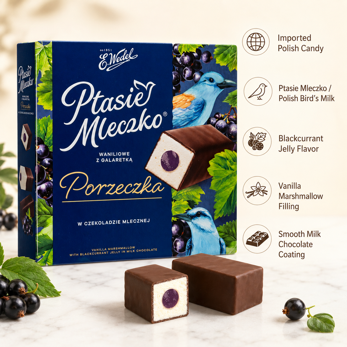 E. Wedel Limited Edition Ptasie Mleczko Polish Bird's Milk – Vanilla Marshmallow with Blackcurrant Jelly in Milk Chocolate, 340g