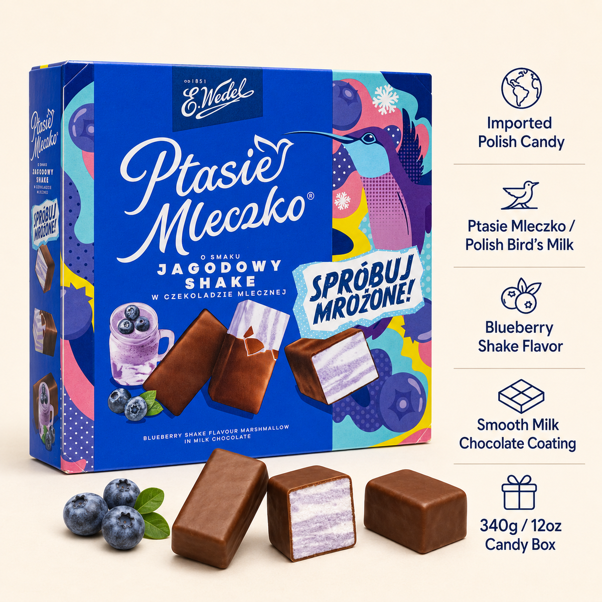 E. Wedel Limited Edition Ptasie Mleczko Polish Bird's Milk – Blueberry Shake in Milk Chocolate, 340g