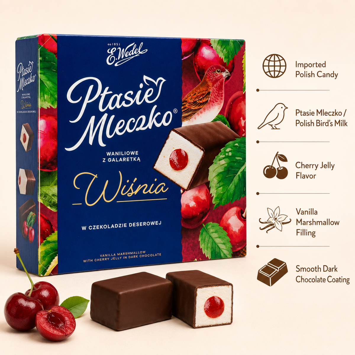 E. Wedel Limited Edition Ptasie Mleczko Polish Bird's Milk – Vanilla Marshmallow with Cherry Jelly in Dark Chocolate, 340g